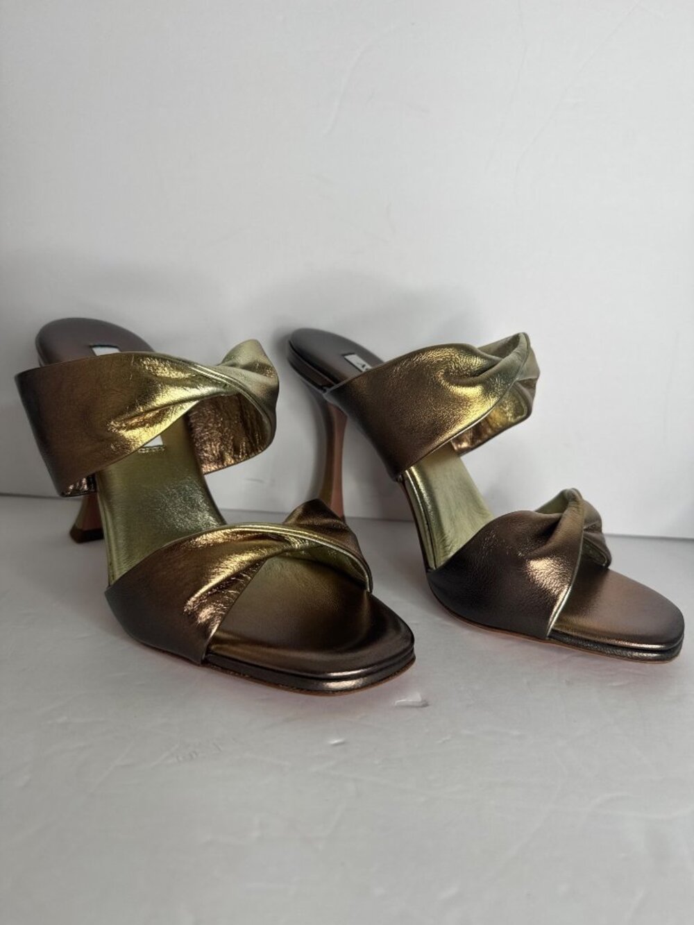 NIB Aquazzura Twist Sandal 95 in Gold Chocolate Flared Heel Size EU 37 - Picture 4 of 10